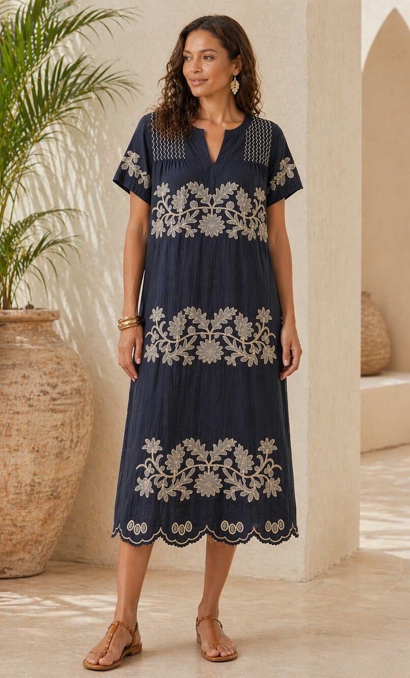 MAR Brazil Navy 100% Linen Embroidered Midi Shift Dress L Boho Mediterranean